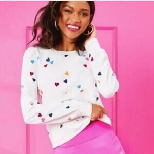 NWOT Lilly Pulitzer Women White Jansen Cotton Sweatshirt Heart Pattern Sz Small